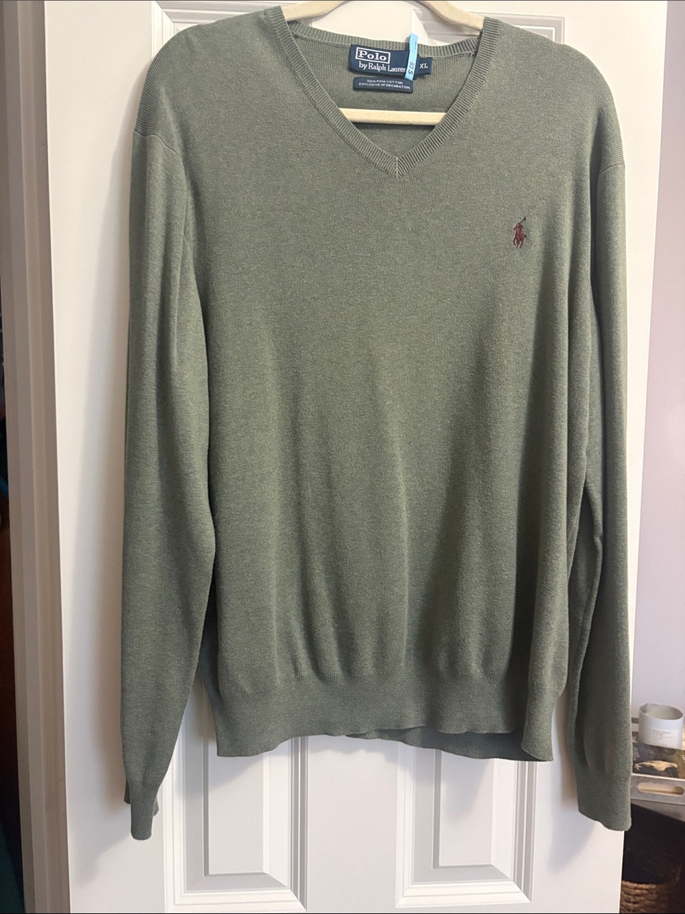 Polo by Ralph Lauren Olive Green V-Neck Sweater with Embroidered Pony